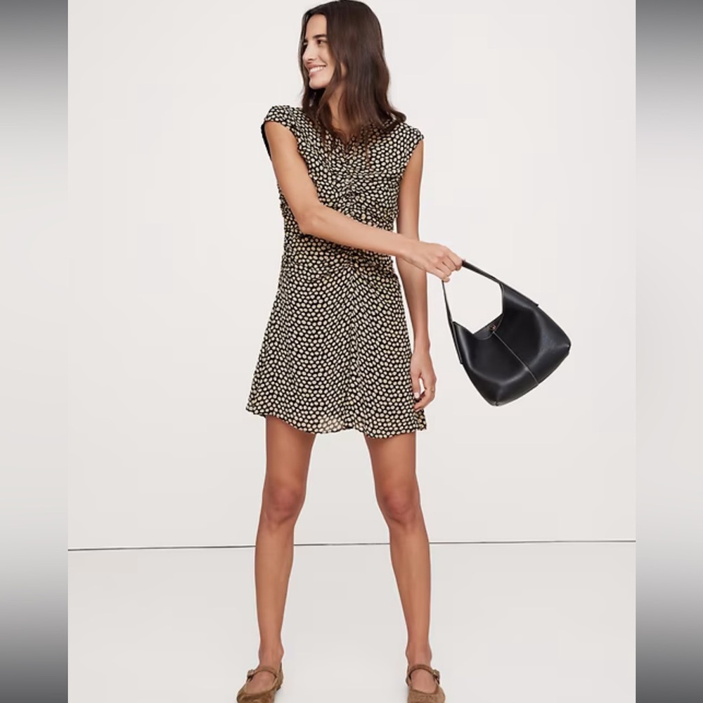 Banana Republic Georgette Ruched Front Mini Dress in Black, White Dot, Size 12